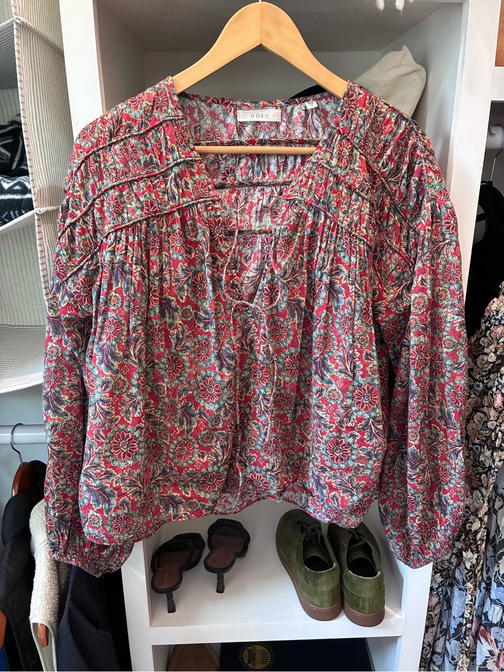 Doen Multi-Color Red Floral Smocked Yoke Blouse